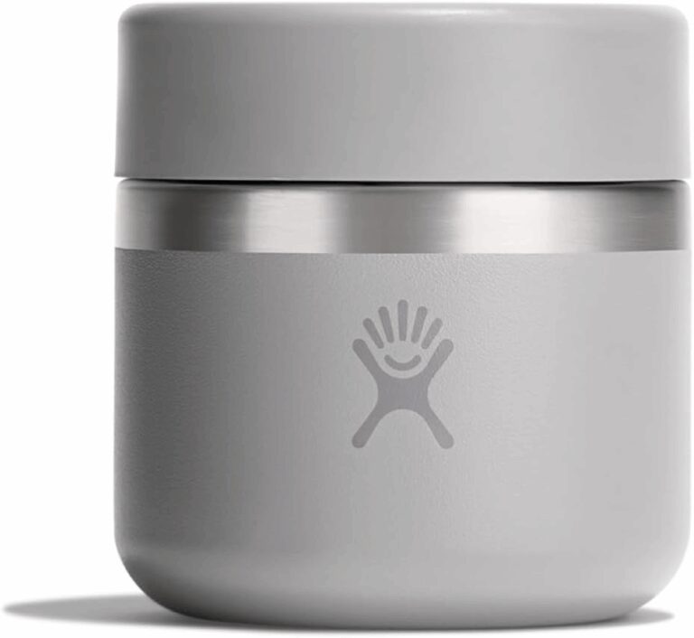 Hydro Flask 8 oz insulated stainless steel food jar in the color Birch displaying the classic logo, verifying its compact travel container design for hot foods and snacks for the review.
