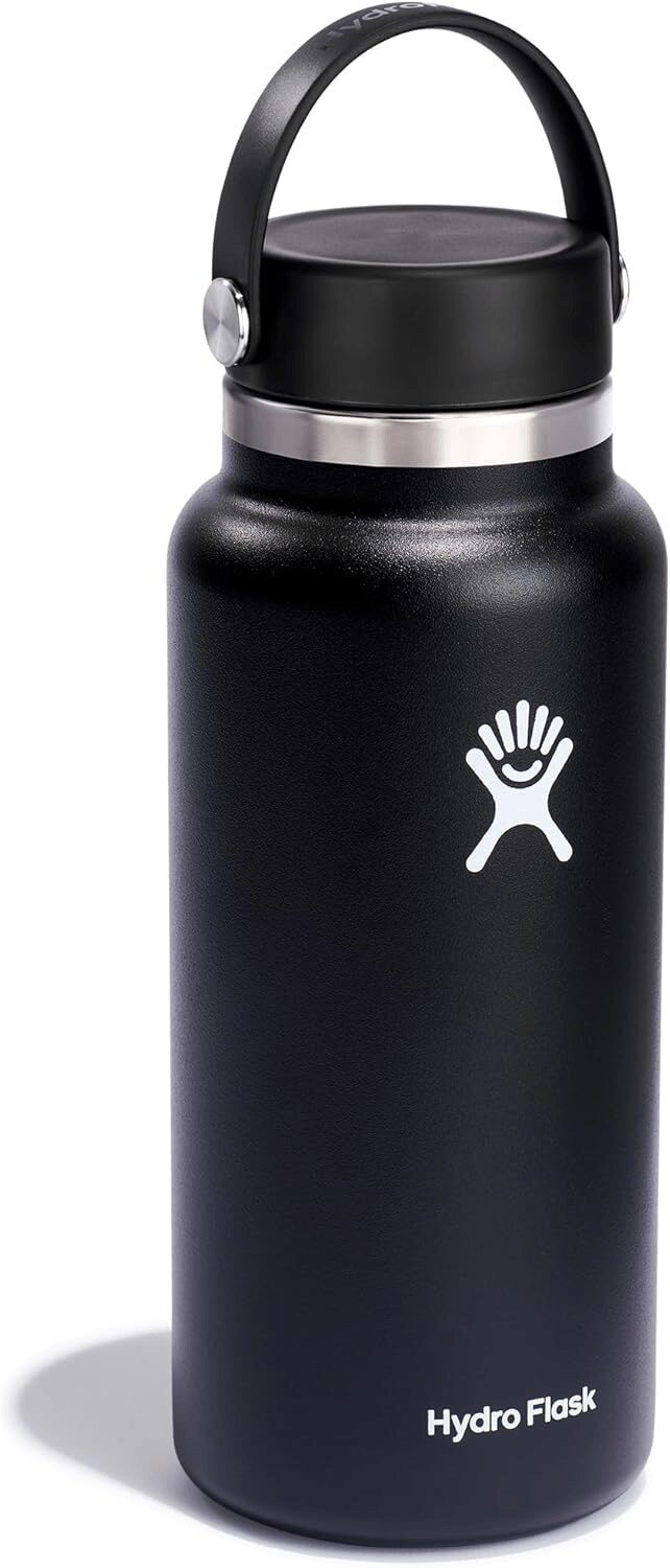 Black Hydro Flask wide mouth insulated water bottle displaying the classic logo and flex cap, verifying its stainless steel travel design for the review.