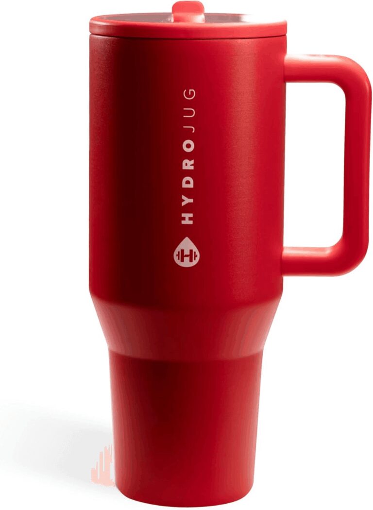 Red HydroJug insulated traveler tumbler displaying the brand logo, lid, and ergonomic handle, verifying its large-capacity travel design for the review.