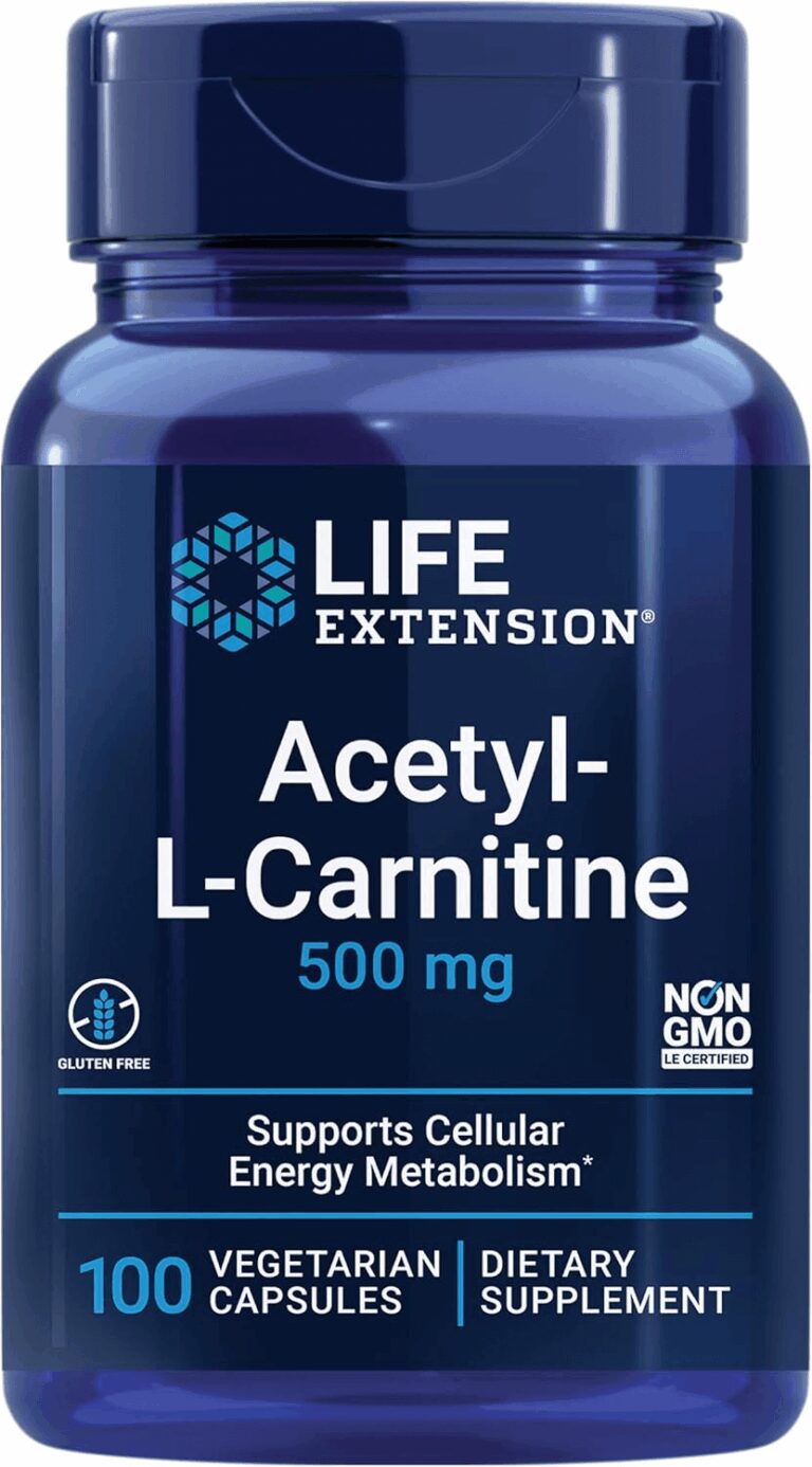 Life Extension Acetyl-L-Carnitine bottle displaying a 500mg dosage, 100 vegetarian capsules, and "Supports Cellular Energy Metabolism" label alongside Non-GMO and Gluten-Free badges, verifying its formulation for the review.