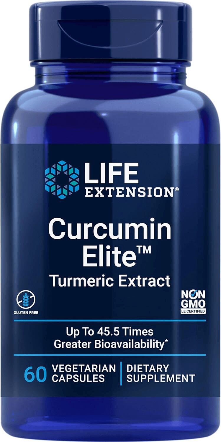 Life Extension Curcumin Elite Turmeric Extract bottle displaying 60 vegetarian capsules and the "Up To 45.5 Times Greater Bioavailability" label alongside Non-GMO and Gluten-Free badges, verifying its highly-absorbable formulation for the review.
