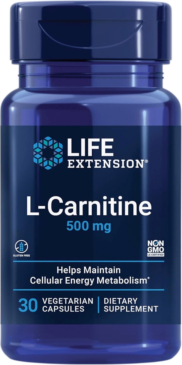Life Extension L-Carnitine bottle displaying a 500mg dosage, 30 vegetarian capsules, and "Helps Maintain Cellular Energy Metabolism" label alongside Non-GMO and Gluten-Free badges, verifying its formulation for the review.