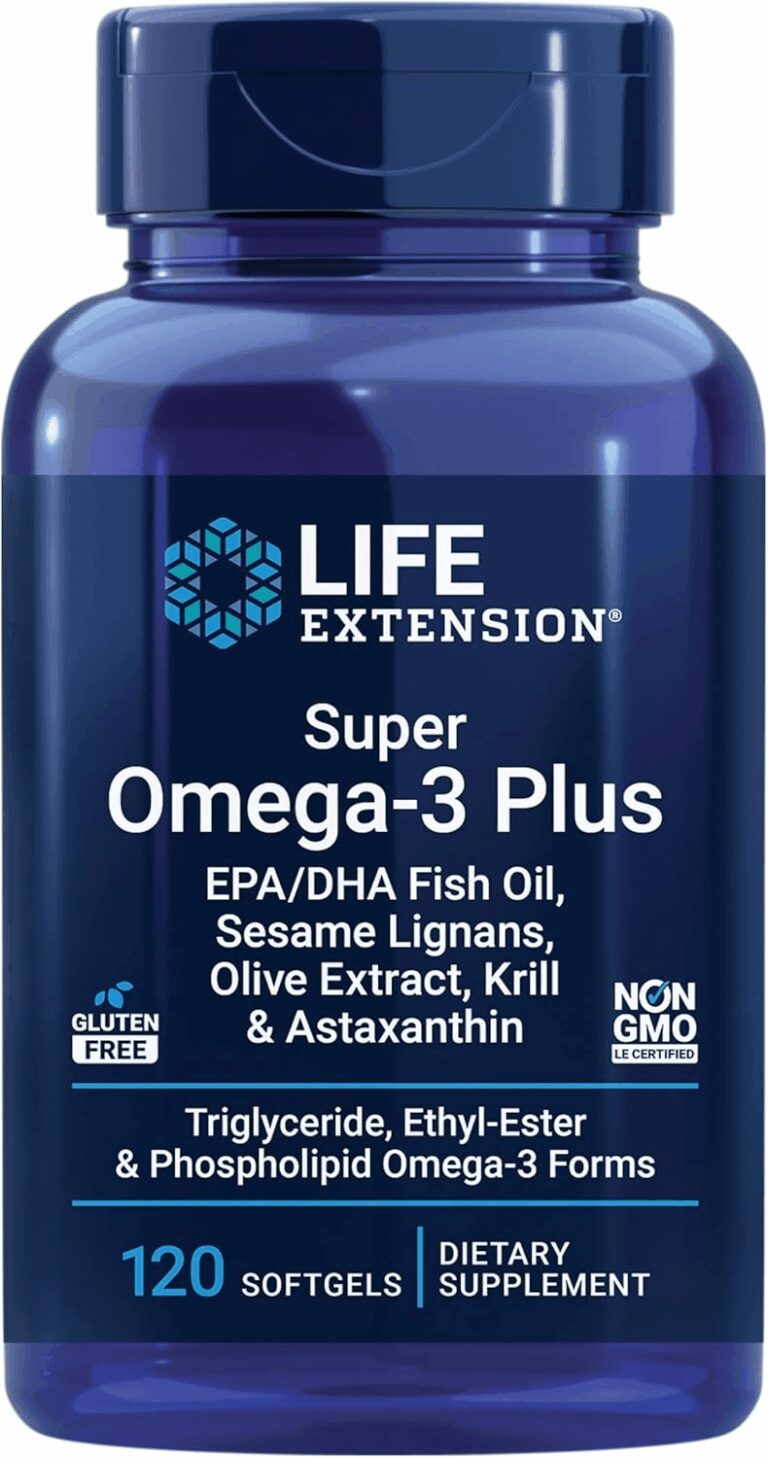 Life Extension Super Omega-3 Plus bottle displaying 120 softgels and its comprehensive blend of EPA/DHA Fish Oil, Sesame Lignans, Olive Extract, Krill, & Astaxanthin alongside Non-GMO and Gluten-Free badges, verifying its advanced formulation for the review.