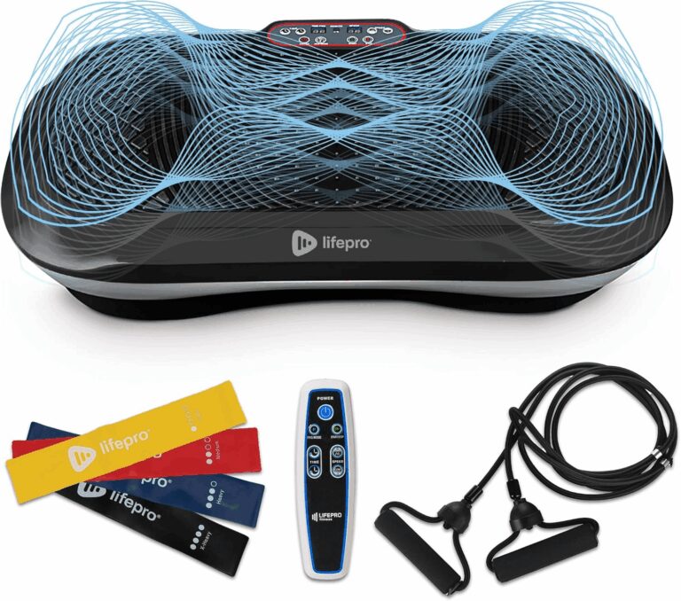 LifePro vibration plate machine with a blue wave graphic illustrating movement, displayed alongside its included remote control, four colored loop resistance bands, and two handle resistance bands, verifying its full-body workout setup for the review.