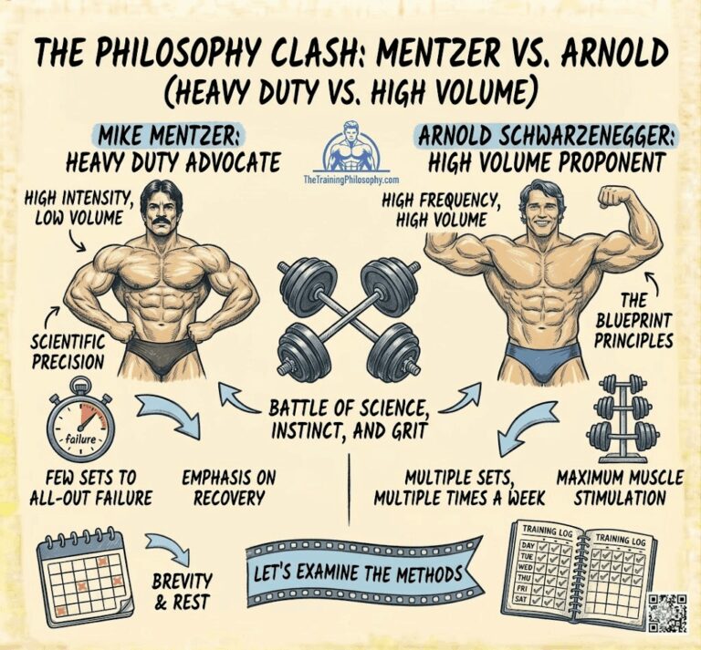 A high-resolution photograph of a museum exhibit comparison of Mike Mentzer's "Heavy Duty" and Arnold Schwarzenegger's "High Volume" training philosophies. On the left, Mentzer is shown with labels like "High Intensity, Low Volume" and a stopwatch set to "failure," while on the right, Arnold is shown flexing with labels like "The Blueprint Principles" and a full training log. The entire display is a cohesive and informative visual for a historical bodybuilding review.