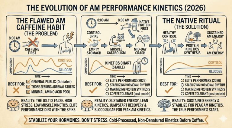 Infographic illustrating the Evolution of AM Performance Kinetics, comparing the flawed morning caffeine crash against the Native Protein ritual, verifying how consuming cold-processed protein before coffee stabilizes cortisol and glucose levels for sustained energy in the review.