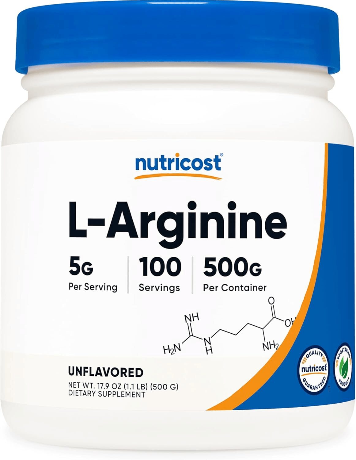 Nutricost L-Arginine unflavored powder 500g container