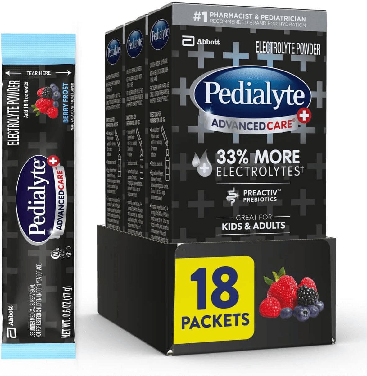 Pedialyte AdvancedCare Plus Electrolyte Powder packets, Berry Frost flavor, with 33% more electrolytes and PreActiv prebiotics