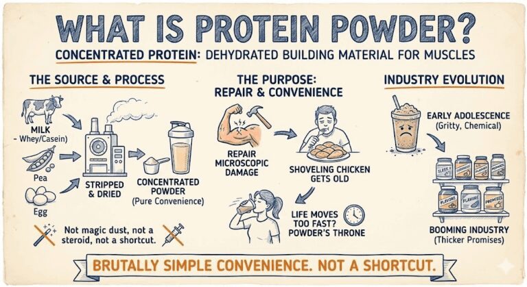 An overview infographic explaining the reality of protein powder as a dehydrated building material for muscle repair, emphasizing that it is a convenience rather than a magic shortcut.