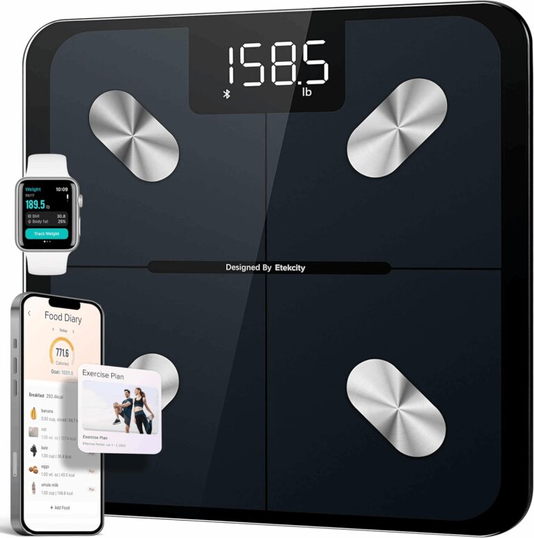 A black Etekcity smart scale for body weight displaying 158.5 lbs, shown alongside a smartphone displaying a food diary app and an Apple Watch tracking health metrics, highlighting its digital ecosystem connectivity for the review.