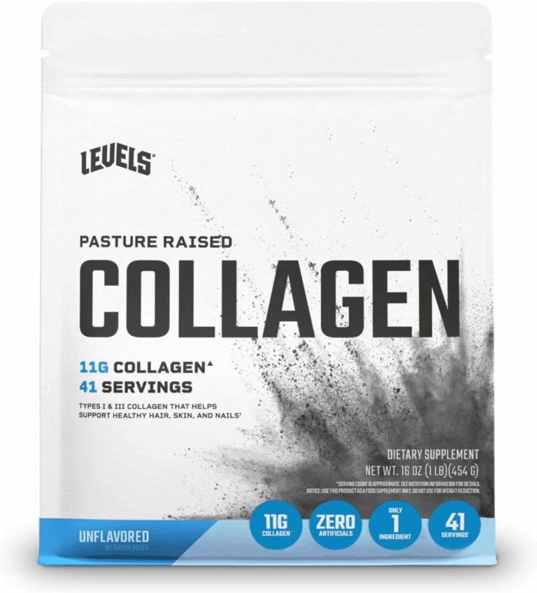 A 16 oz bag of Levels Pasture Raised Collagen dietary supplement. The packaging features 11g of Type I and III collagen per serving, 41 servings total, zero artificials, and only one ingredient, highlighting its clean label for the health and wellness review.