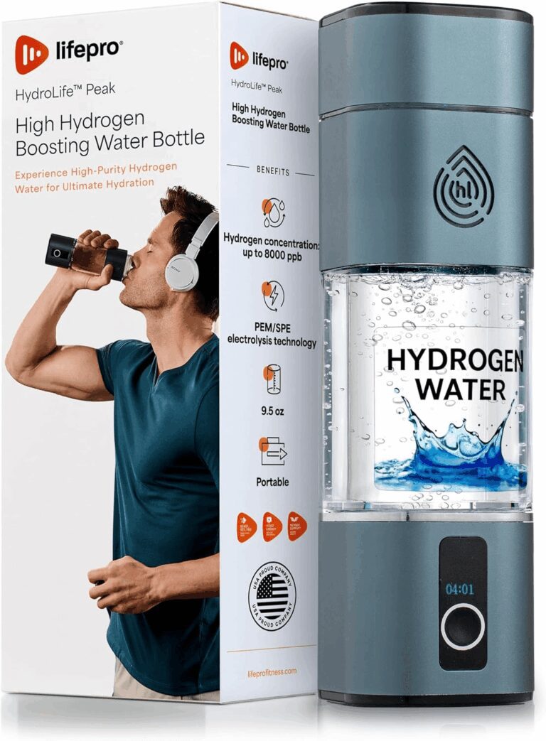 The LifePro HydroLife Peak High Hydrogen Boosting Water Bottle shown next to its retail packaging. The bottle features a digital timer and PEM/SPE electrolysis technology, advertising a hydrogen concentration of up to 8000 ppb for the wellness product review.