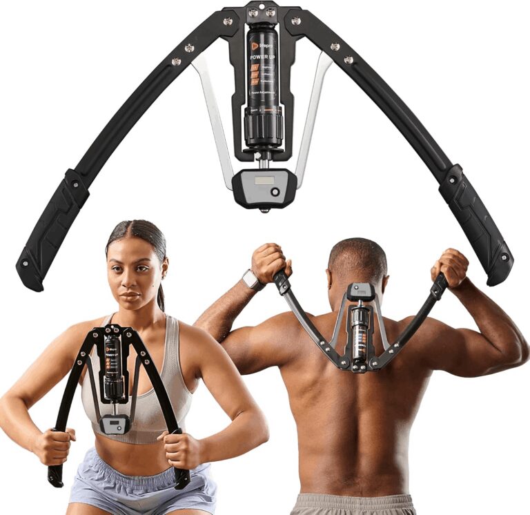 The LifePro Power Up hydraulic arm exerciser featuring an adjustable resistance dial and digital counter, shown with a woman performing a chest squeeze and a man using it for back and shoulder pulls to demonstrate its versatility as a chest expander.
