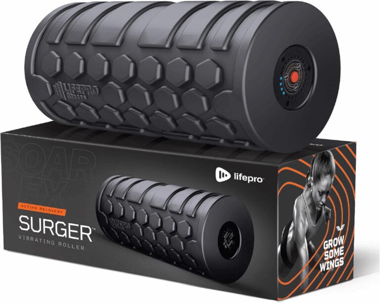 A black textured LifePro Surger vibrating foam roller resting on top of its black and orange retail packaging, highlighting its multi-speed active recovery design for the fitness equipment review.
