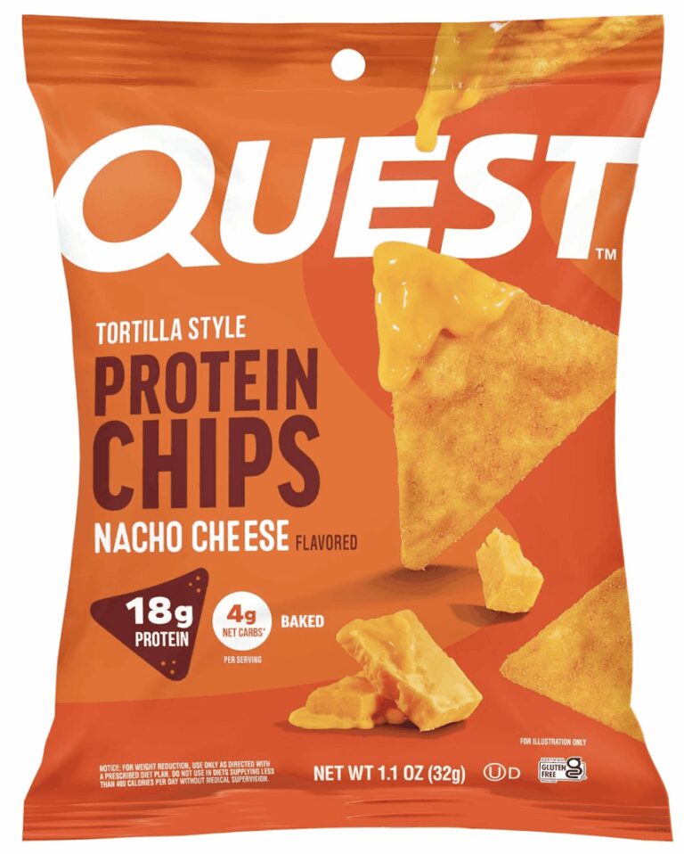 Orange bag of Quest Tortilla Style Protein Chips in Nacho Cheese flavor, displaying labels for 18g of protein, 4g of net carbs, and a baked certification, verifying its macro-friendly formulation for the review.