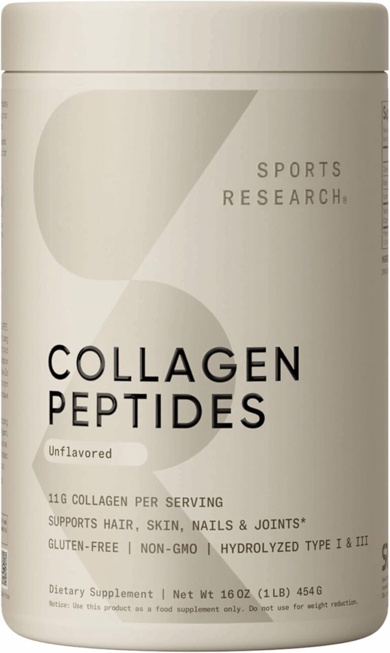 A 16 oz tub of Sports Research Collagen Peptides dietary supplement. The label indicates it is unflavored, contains 11g of hydrolyzed Type I & III collagen per serving, and supports hair, skin, nails, and joints. It is certified gluten-free, non-GMO, and third-party tested for the review.