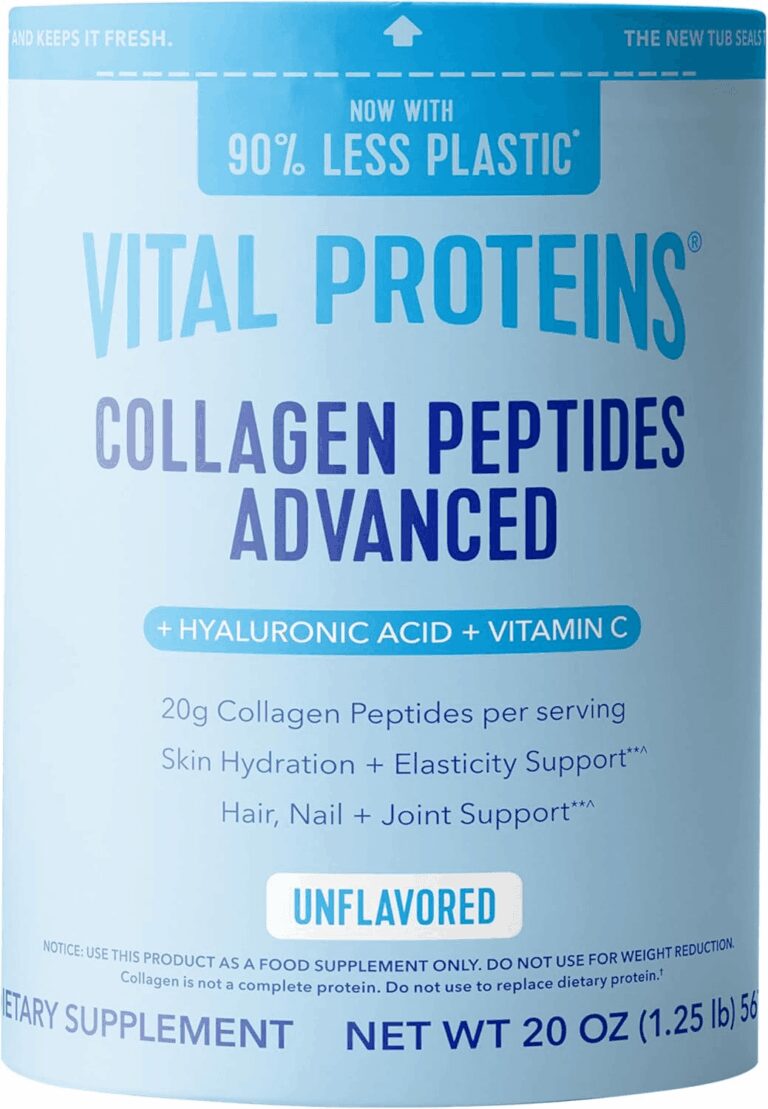 A light blue tub of Vital Proteins Collagen Peptides Advanced, unflavored, containing Hyaluronic Acid and Vitamin C. The packaging highlights 20g of collagen per serving for skin hydration, hair, nail, and joint support, and features a "90% less plastic" sustainable design for the review.
